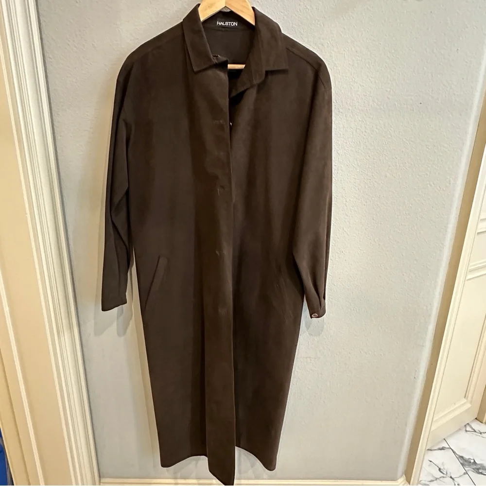 Vintage Halston Chocolate Brown Wool Duster Coat 1970s Union Made USA Minimalist - Picture 2 of 13